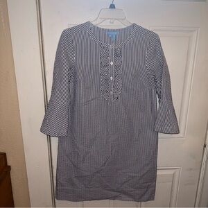 Draper James Navy and White Striped Seersucker Button-Up Ruffle Shirt Dress